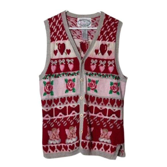 Vintage Sweaters - Vintage eagle's eye pink heart valentine sweater vest womens L